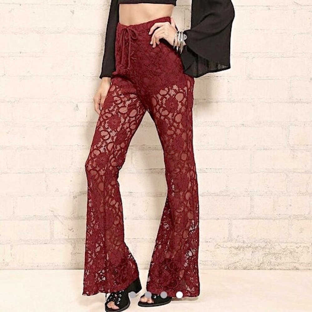 Forever 21 Burgundy Lace Bell Bottom Lace Up Detail